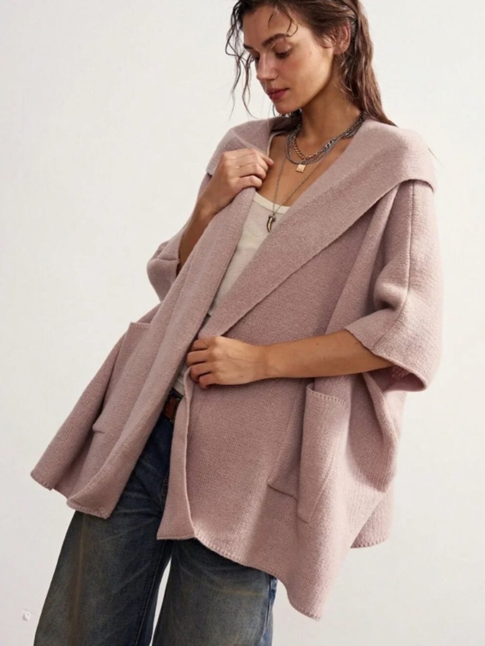 Casual Women's Double Pocket Hooded Knit open front sweater Cardigan